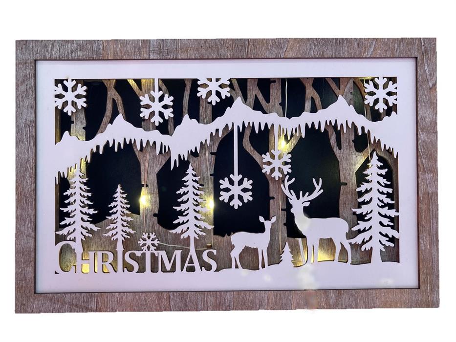 LED Diorama Bild mit10 LED
Motiv: Waldszene mit Tannenbäumen
Schneeflocken und Hirschen