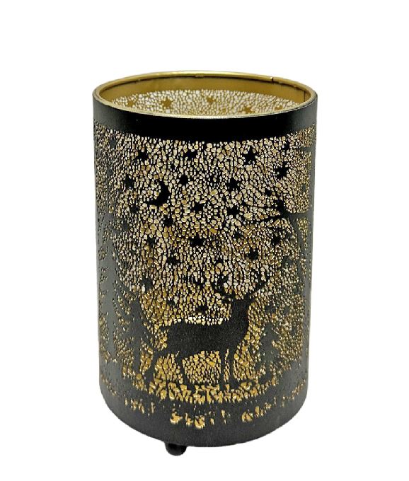 Windlicht schwarz aus Metall Motiv: Hirsch im Wald