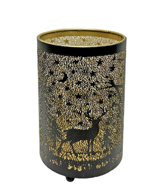 Windlicht schwarz aus Metall Motiv: Hirsch im Wald