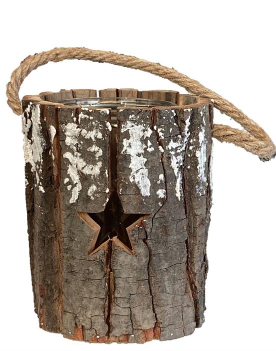 Windlicht aus Holz mit Glaseinsatz
und Kordel,
D13.5 x H16cm,
Motiv: Stern