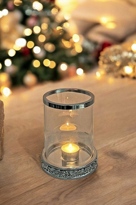 Windlicht aus Glas mit Strasssteinen auf Metallsockel H17cm