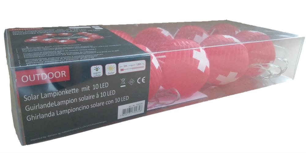 LED Solar Lampion Kette mit 10 LED
Schweiz L: 180cm + Anschlusskabel
100cm, Outdoor