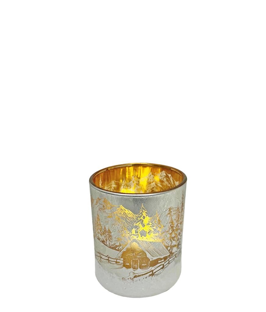 Windlicht aus Glas Bergdorfmotiv silber H7.8cm