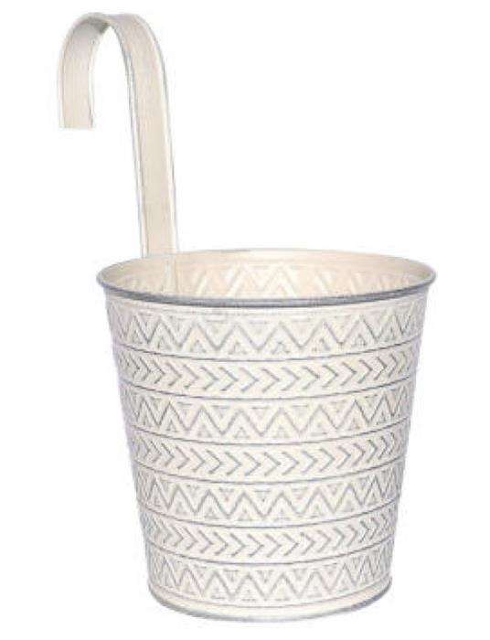 Übertopf aus Metall rund mit Haken
Farbe: Altweiss
D:16cm H:15cm