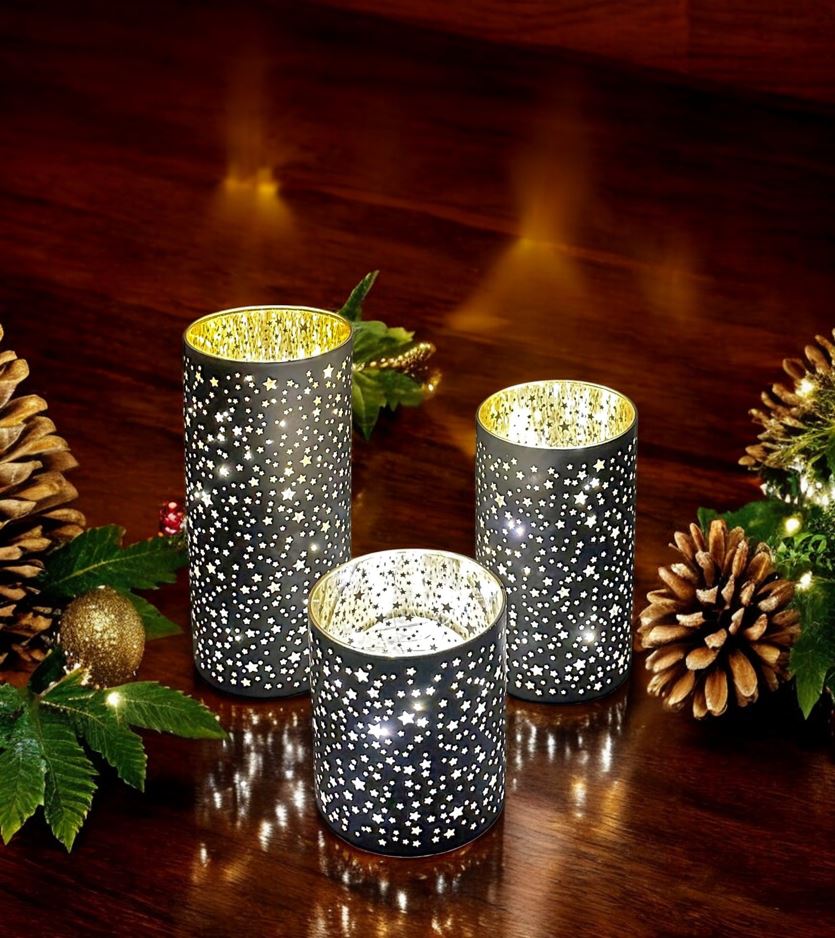 LED Windlicht schwarz aus Glas 3er Set Motiv: Sterne