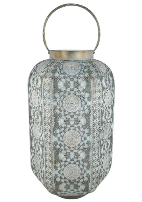 Lanterne ancienne en métal
avec insert en verre
Couleur: gris antique/or
P:30 cm H:55,5 cm