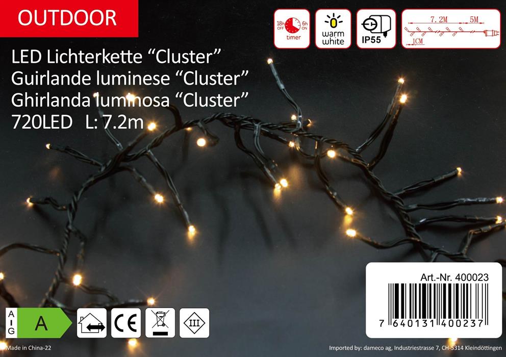 Fata di luci LED da esterno “cluster”.
720 LED a luce bianca calda
L: 720 cm Colore cavo: Verde