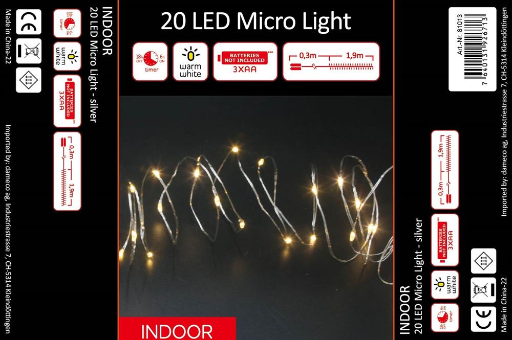 Catena luminosa LED micro filo 20 LED
L: 190 cm
filo d'argento