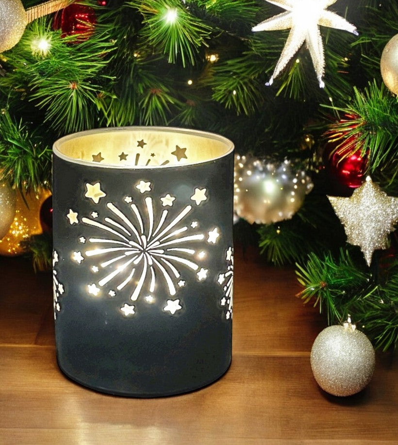 LED Windlicht aus Glas mit Feuerwerk Motiv mit 10 LED