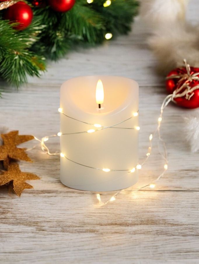 LED Wachskerze creme/Silber D:8cm H:10cm