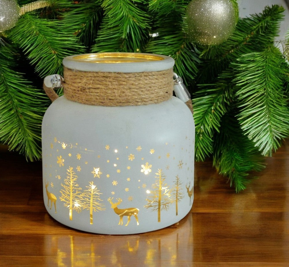 Windlicht aus Glas mit Kordel - Weiss/Gold H: 12cm D: 12cm