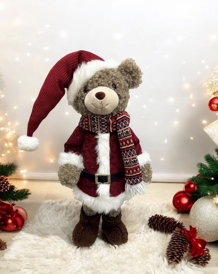 Deko Figur Bär stehend H65cm roter geschlossener Mantel auf Feder wippend montiert