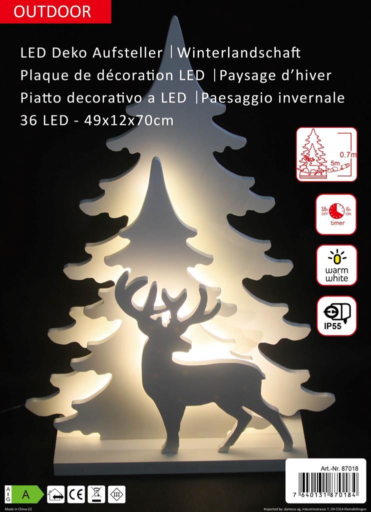 Supporto decorativo a LED con 36 LED H: 70 cm
Motivi: abete e renna
Colore bianco