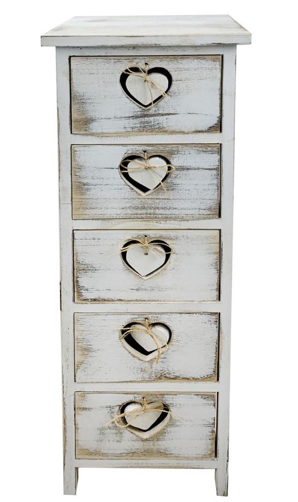 Kommode aus Holz "Herz" mit 5 Schubladen Grösse: 25x25x75cm shabby chic