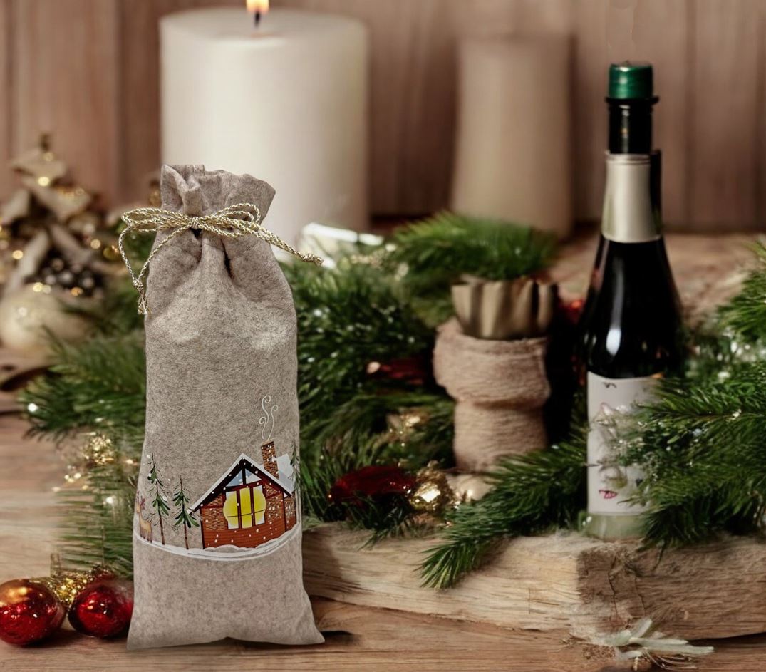 Weinflaschenbeutel Xmas aus Filz in Grau mit Weihnachtsmotiv H31cm