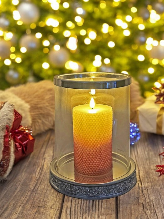 Windlicht aus Glas mit Strasssteinen auf Metallsockel H25cm