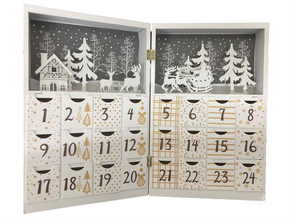 Calendrier de l'Avent LED en bois
blanc rechargeable avec 8 LED
pliable