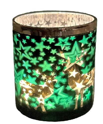 Windlicht aus Glas
Farbe: Matt Grün mit goldigem Rand
H:12.5cm D:10cm