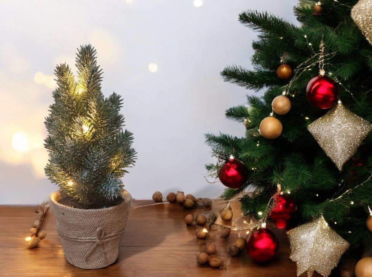 LED Tannenbaum im Topf
mit 5 LED Lichterkette
mit wenig Schnee bedeckt
D:18cm H:30cm