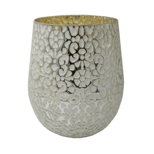 Windlicht aus Glas
silber -weiss
mit Blütenmuster H12.5cm