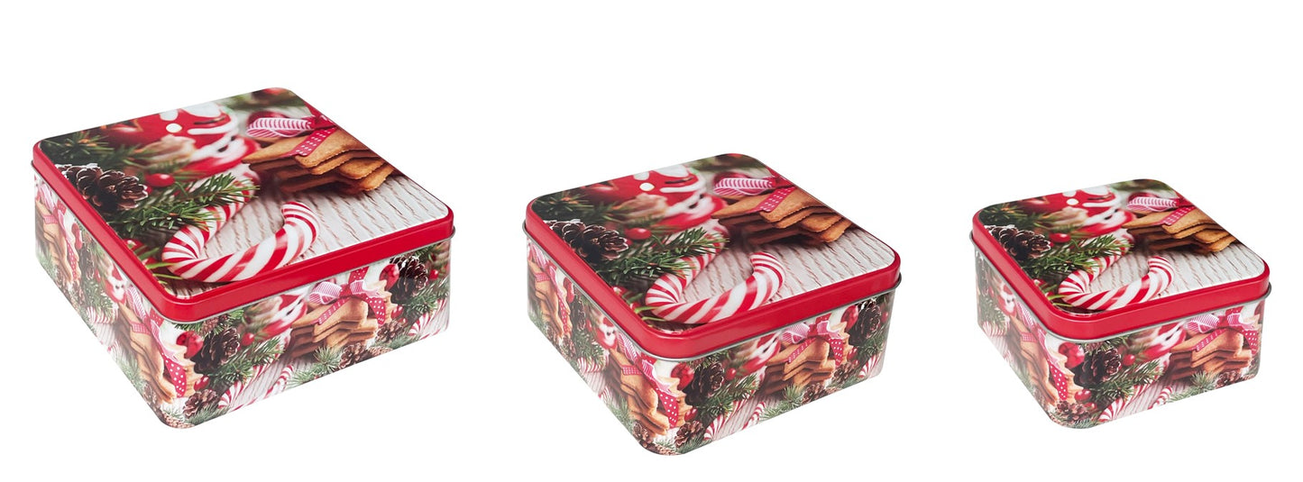 Guetzlidosen 3er Set viereckig mit XMAS Motiv Zuckerstange und Guetzli Weissblech