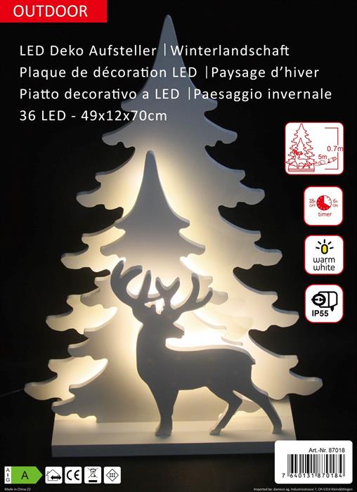 LED Deko-Aufsteller mit 36 LED H:70cm
Motive: Tanne und Rentier
Farbe: Weiss