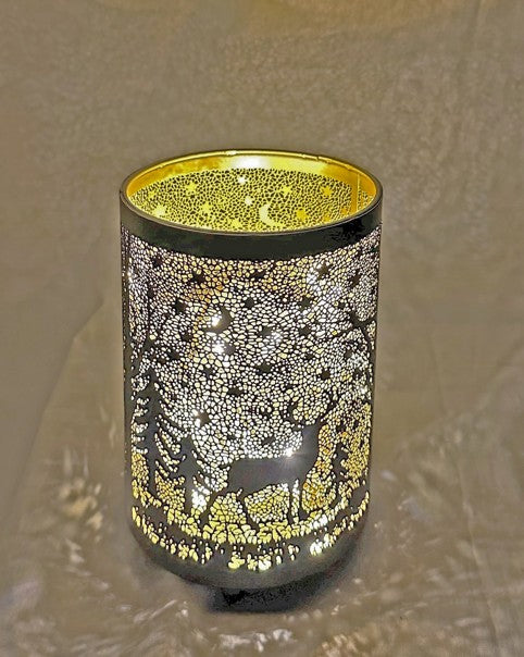 Windlicht schwarz aus Metall Motiv: Hirsch im Wald