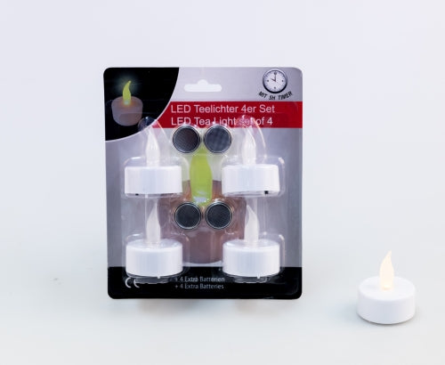 LED Teelicht weiss - 4er Blister
plus 4 Ersatzbatterien (Knopfzellen)
CR 2032