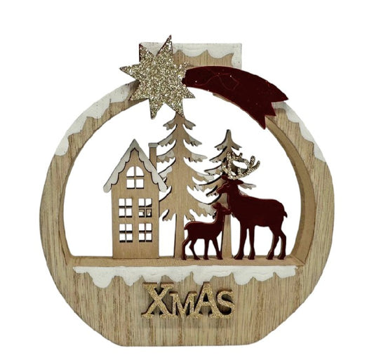 Deko Aufsteller rund naturfarben mit Rentier und Wald aus Holz goldiger Stern