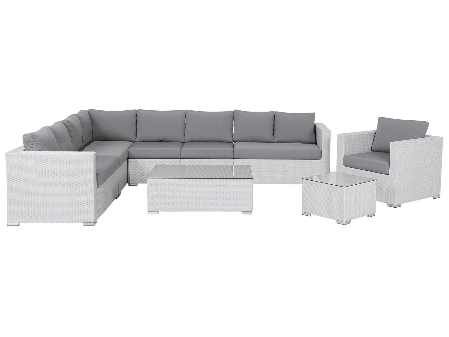 Lounge Set mit Tisch 8-Sitzer XXL rechtsseitig modular Polyrattan Weiss