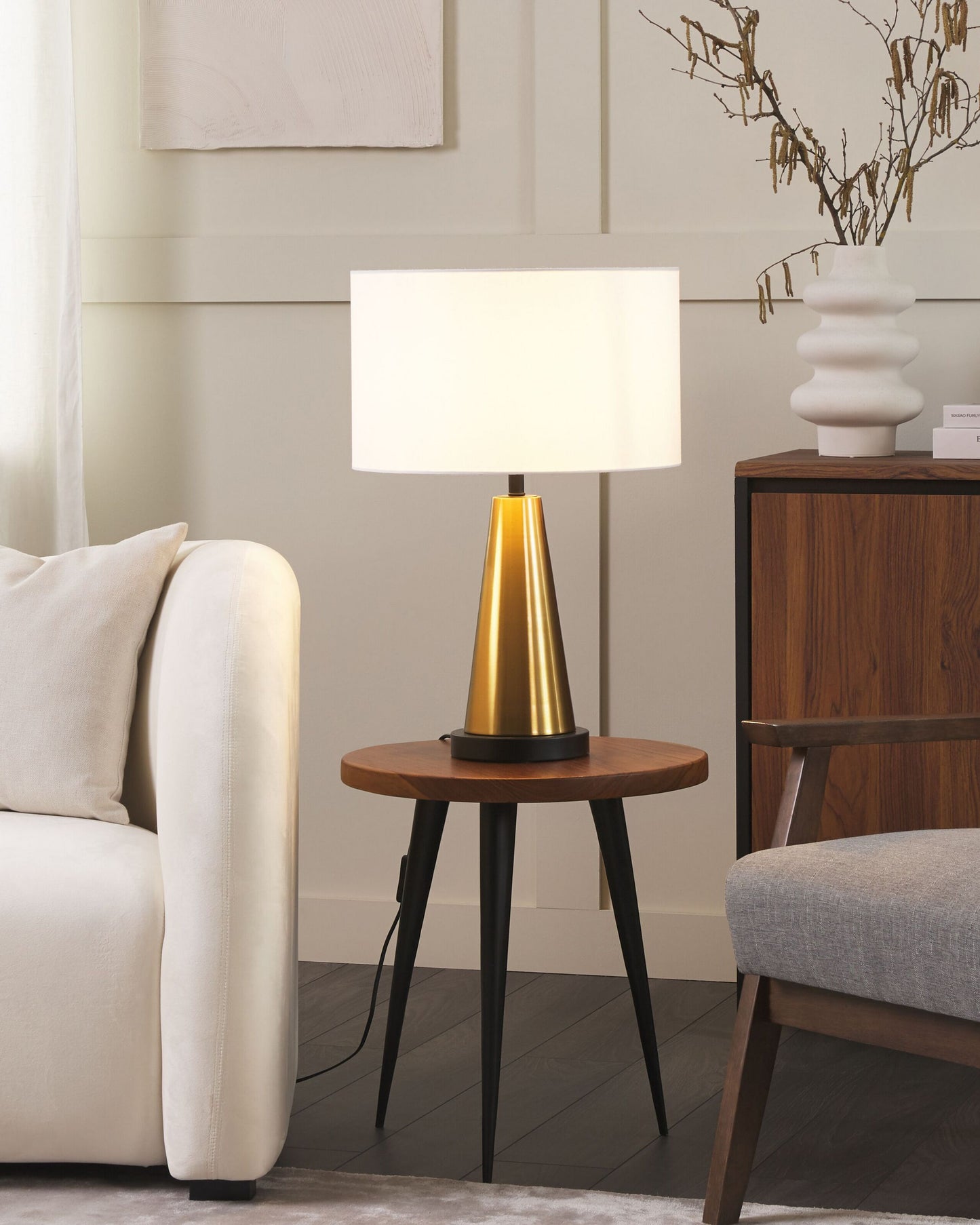 Tischlampe hellbeige / gold 60 cm Trommelform SANDON