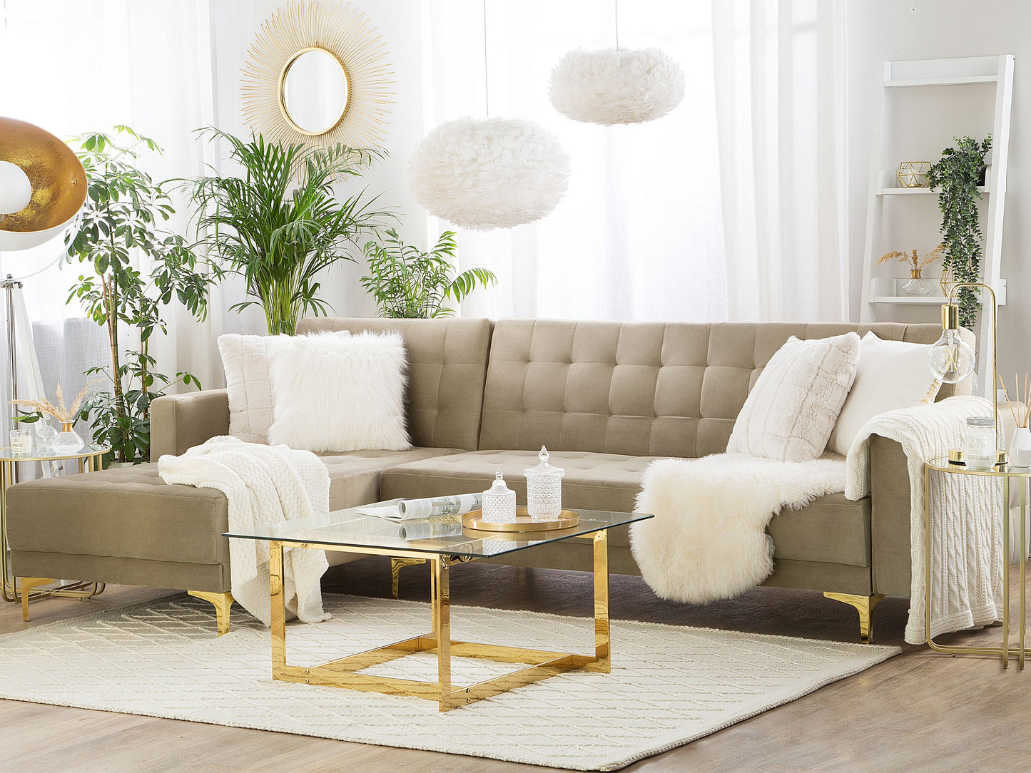 Ecksofa rechtsseitig Samtstoff sandbeige Schlaffunktion ABERDEEN