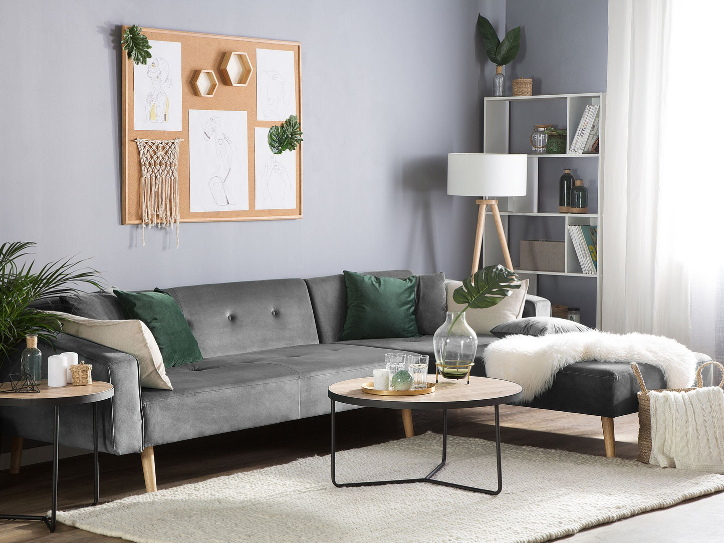 4-Sitzer Ecksofa Samtstoff grau linksseitig mit Schlaffunktion VADSO