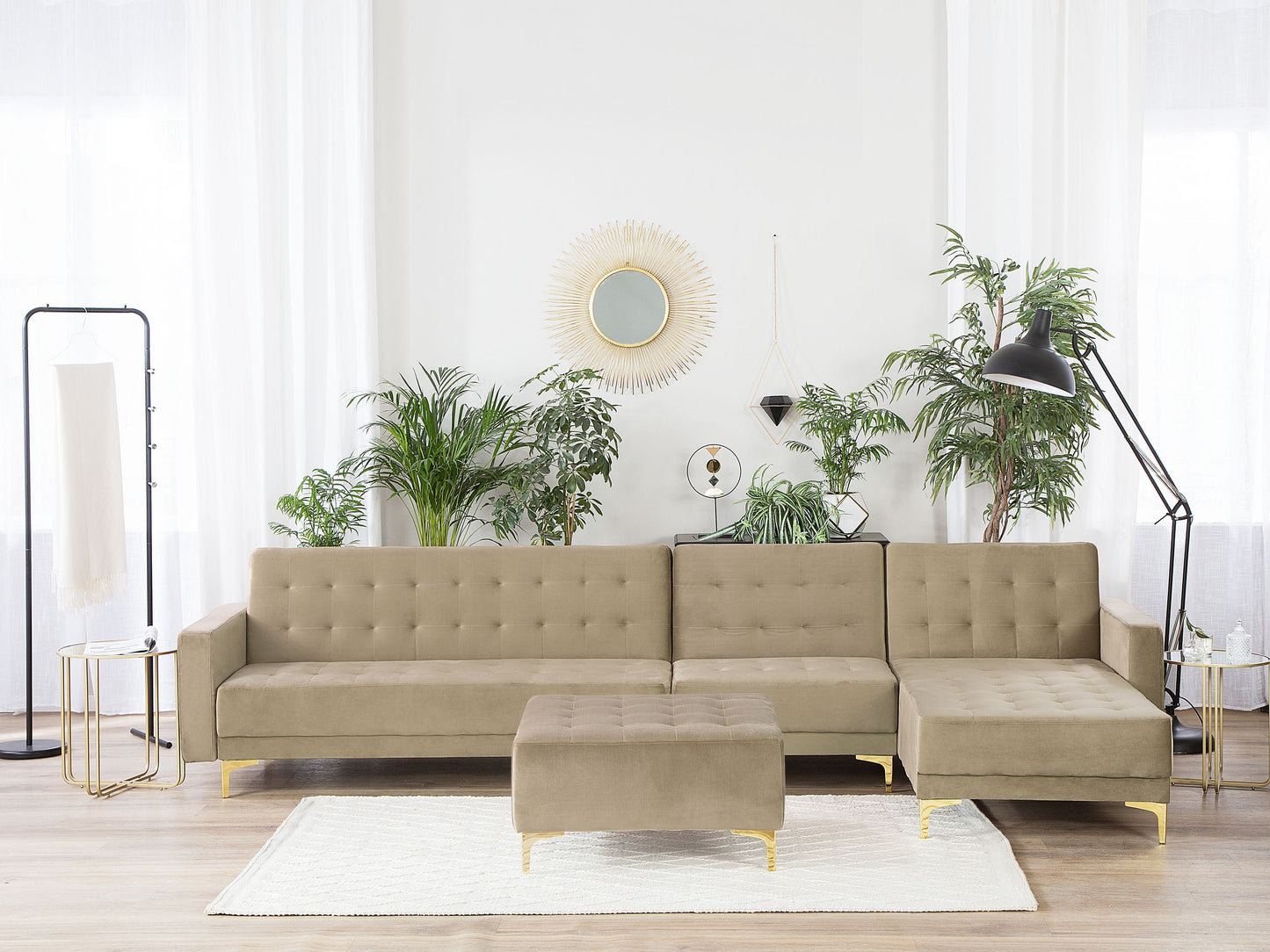 Ecksofa mit Ottomane ABERDEEN Sandbeige Samtstoff Linksseitig
