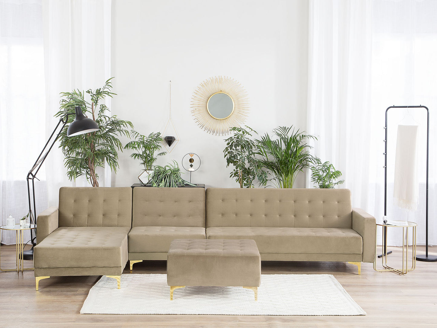 Ecksofa mit Ottomane ABERDEEN Sandbeige Samtstoff Rechtsseitig
