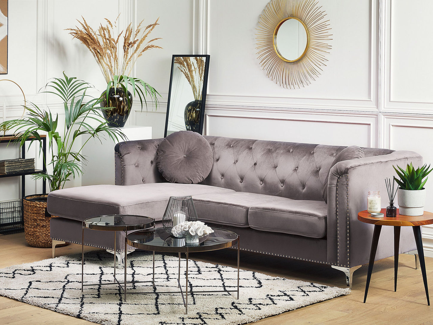 Ecksofa Samtstoff rechtsseitig grau Chesterfield-Design 3-Sitzer FLEN