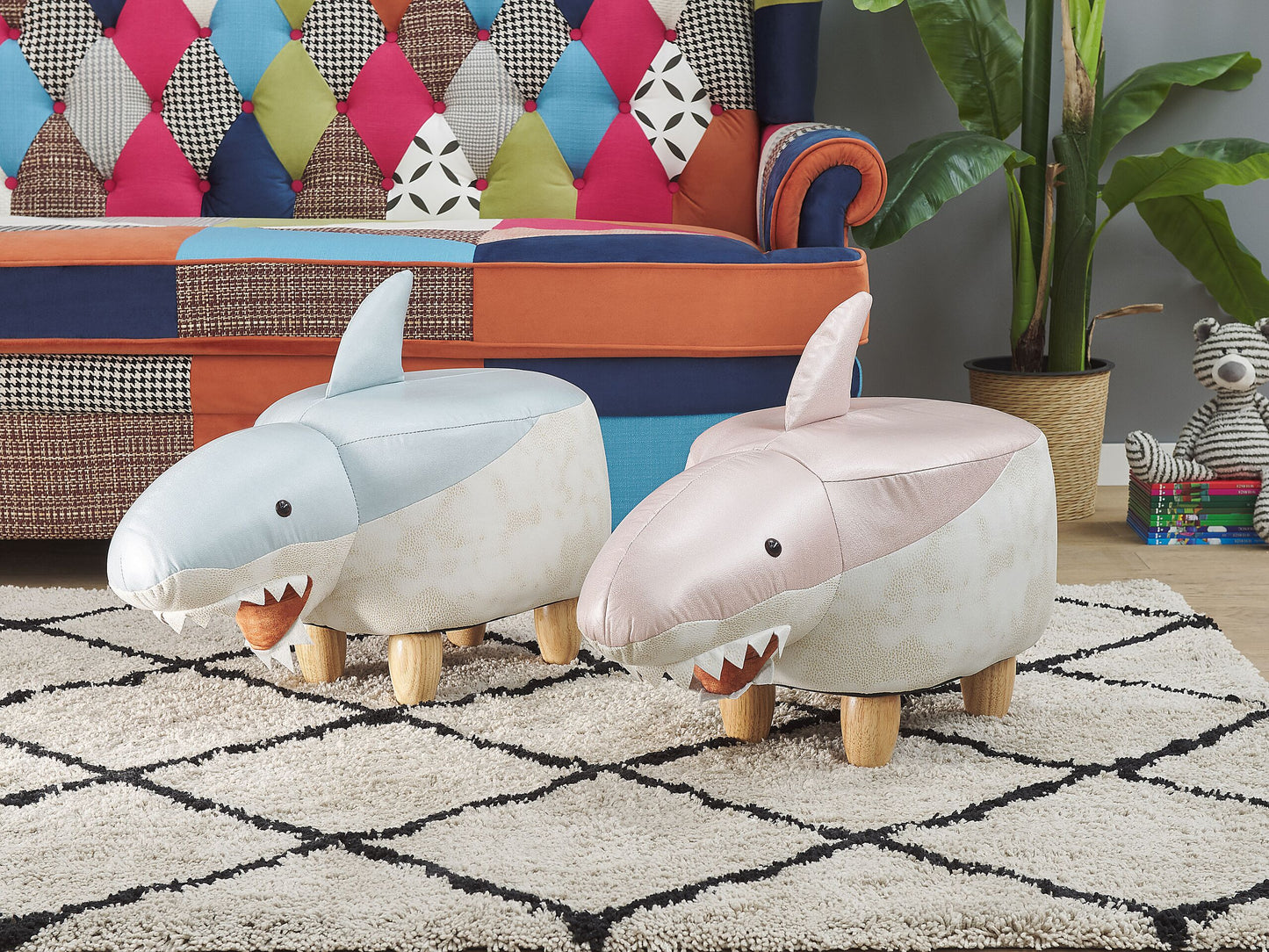 Hocker Kunstleder / Gummibaumholz rosa-weiss SHARK