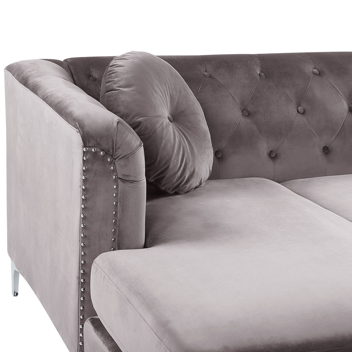 Ecksofa Samtstoff rechtsseitig grau Chesterfield-Design 3-Sitzer FLEN