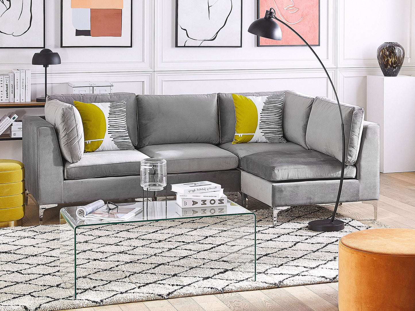 4-Sitzer Ecksofa Samtstoff grau linksseitig EVJA