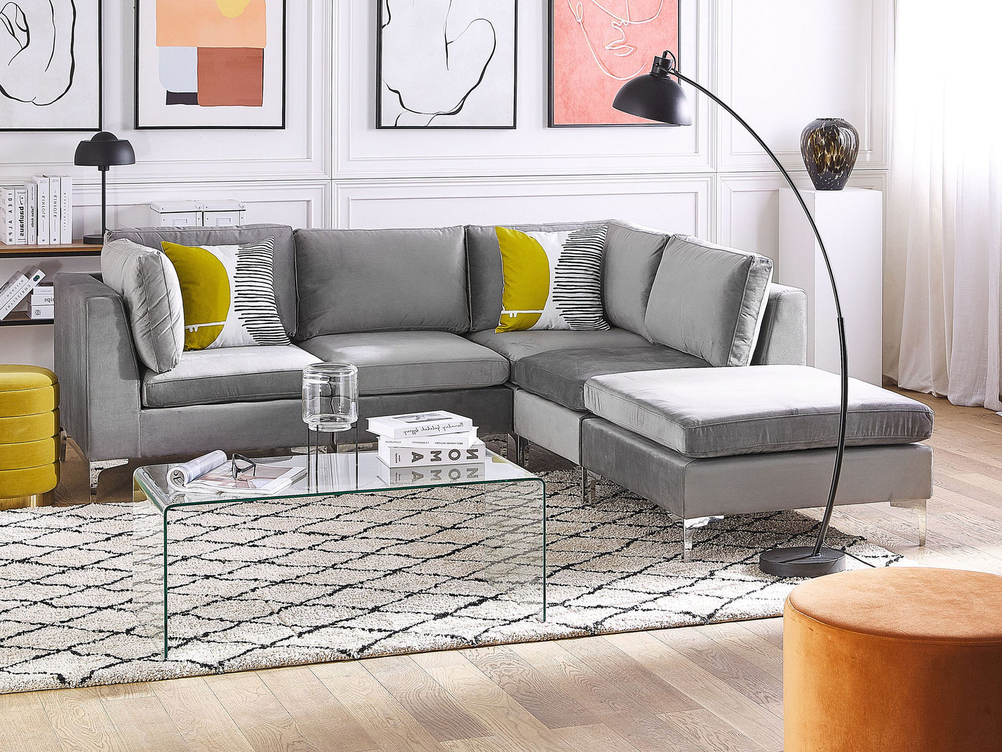4-Sitzer Ecksofa Samtstoff grau linksseitig mit Ottomane EVJA