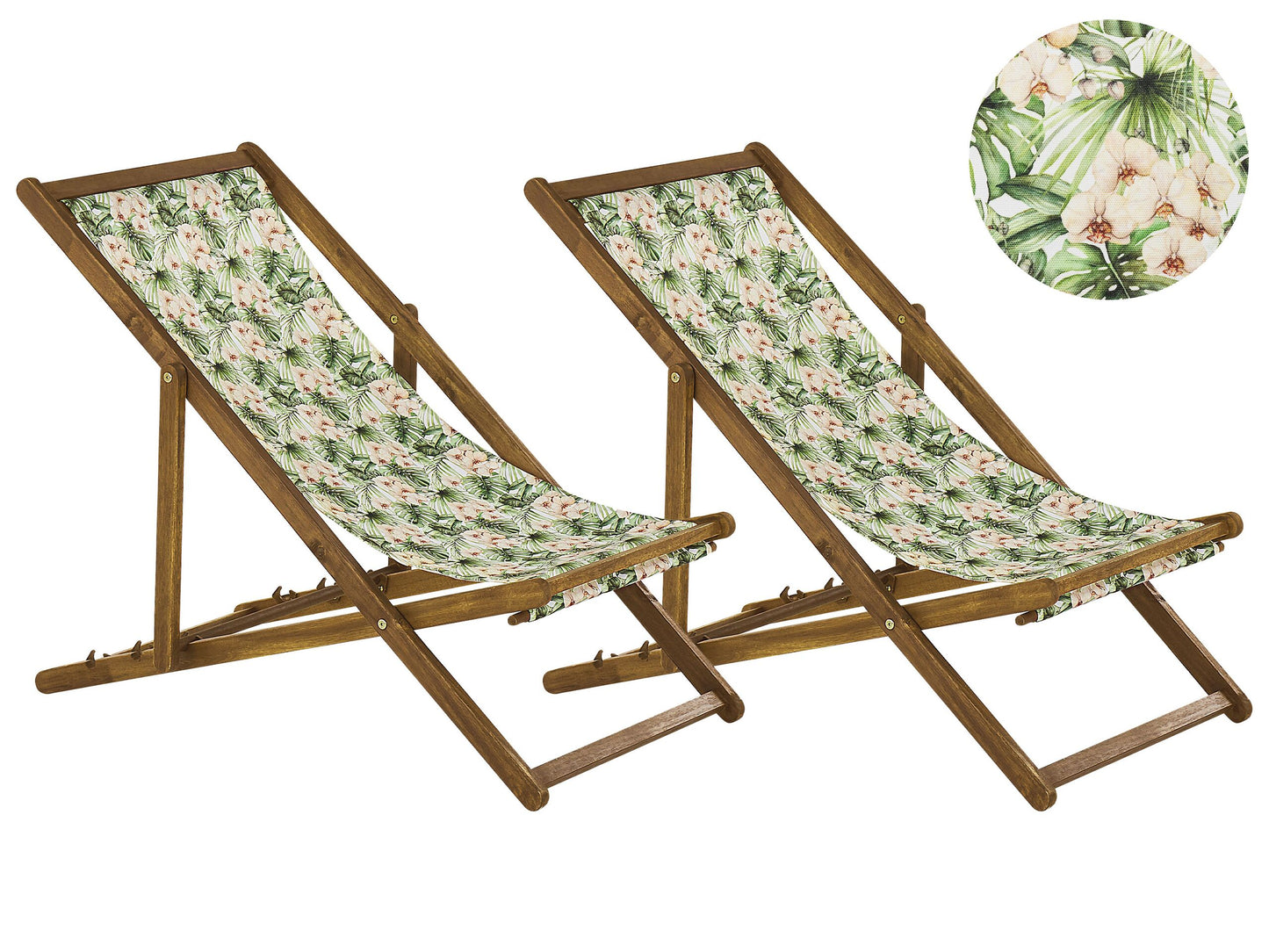 Liegestuhl Akazienholz hellbraun Textil weiss / grün Blumenmuster 2er Set ANZIO
