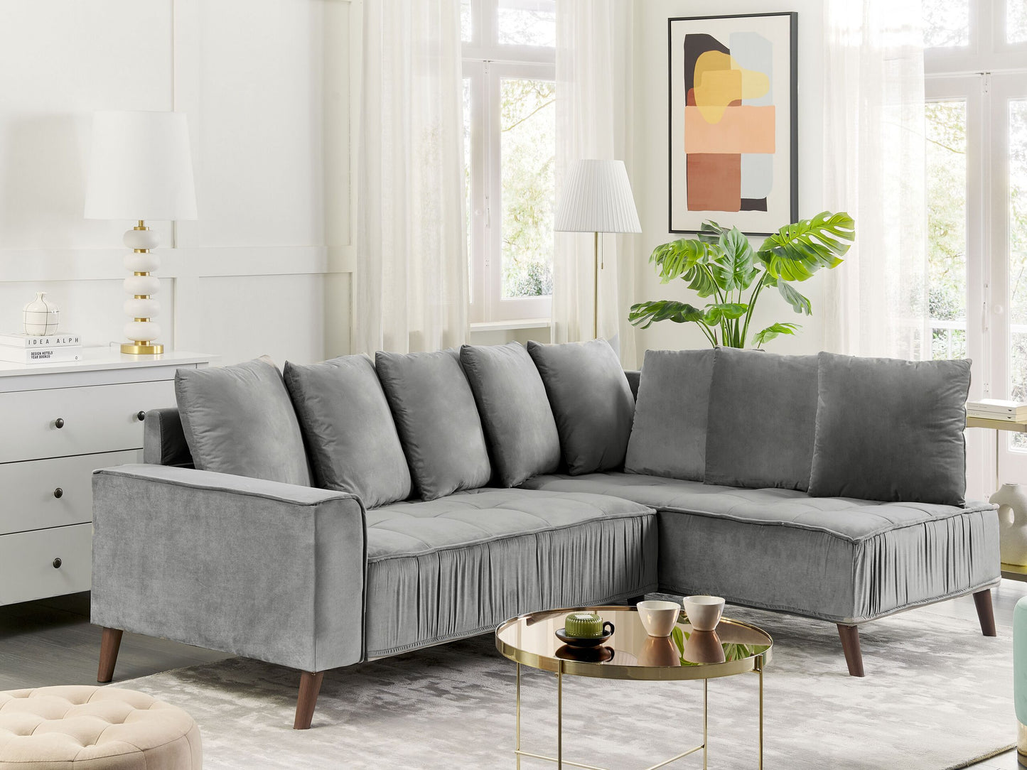 3-Sitzer Ecksofa Samtstoff hellgrau linksseitig GRENA