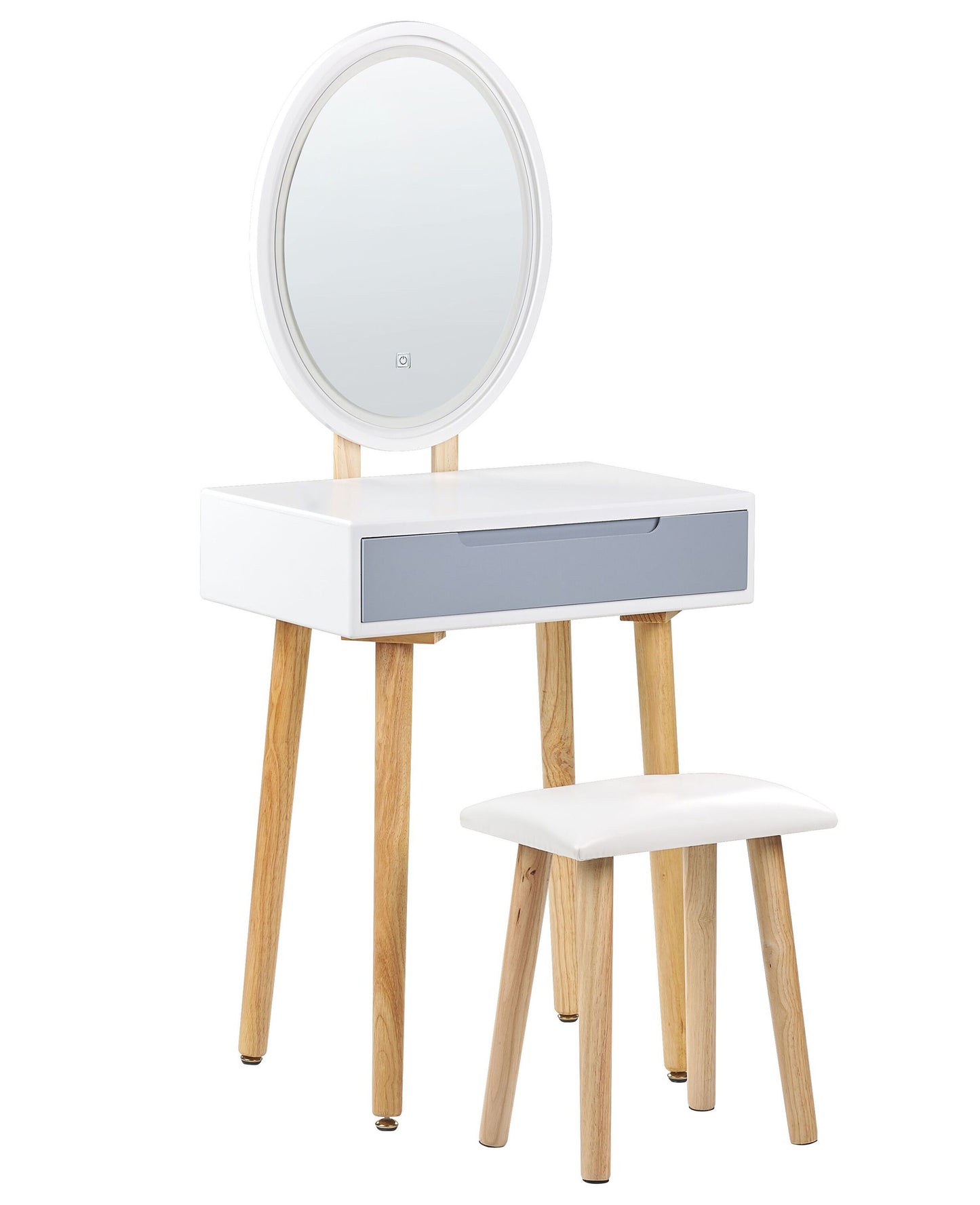 Schminktisch mit 1 Schublade, LED-Spiegel und Hocker weiss/grau VESOUL