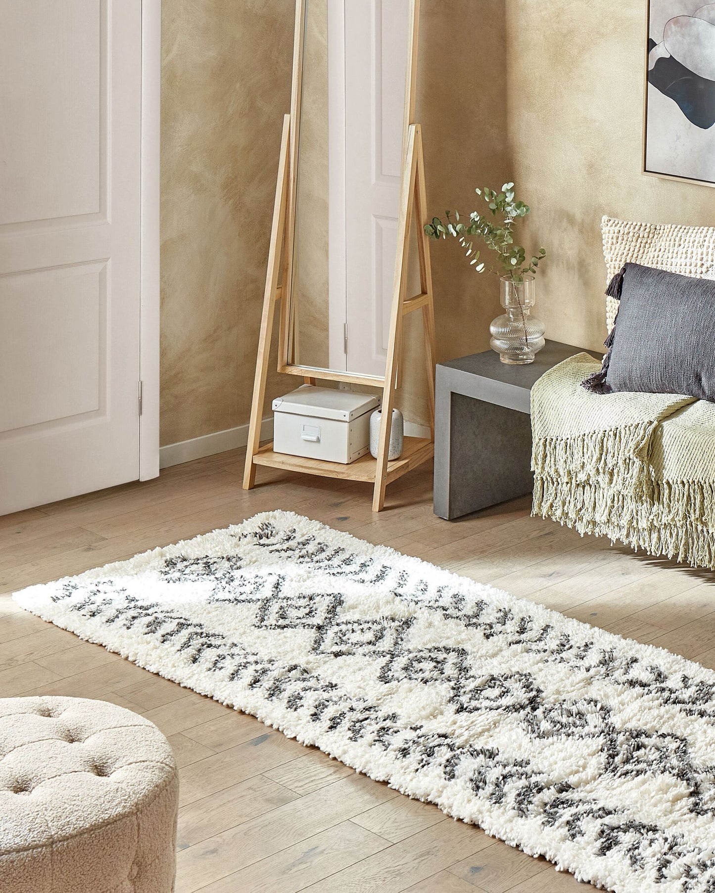 Teppich weiss / grau 80 x 300 cm geometrisches Muster Shaggy AYRUM