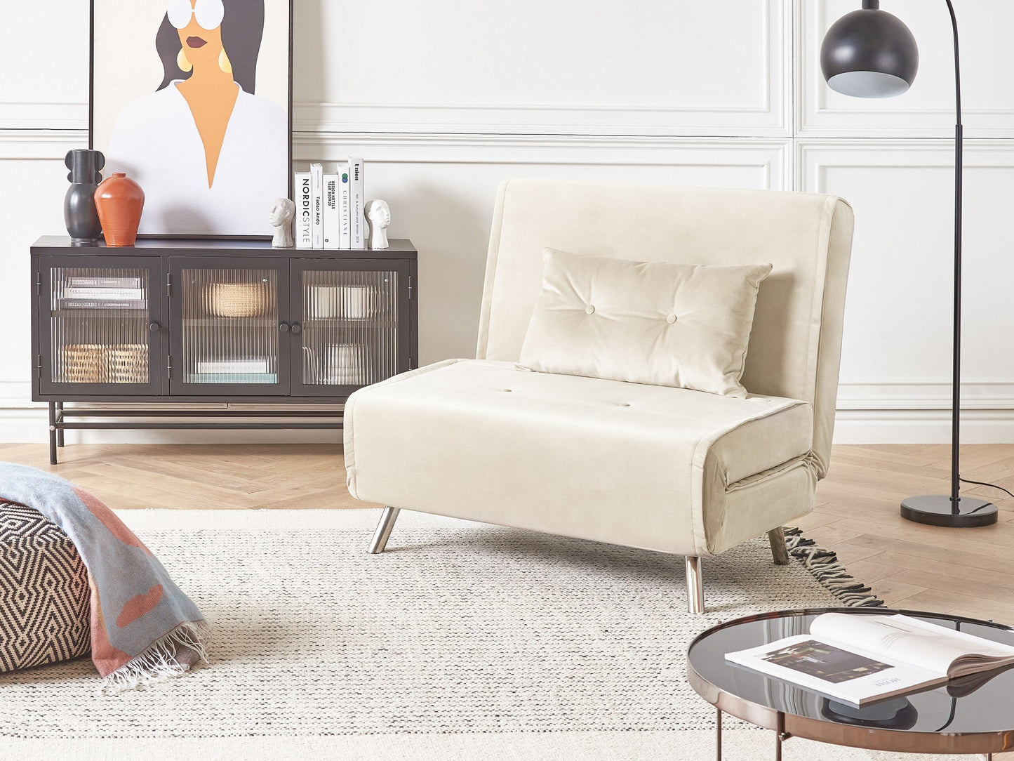 1-Sitzer Schlafsofa Samtstoff creme / silber FARRIS