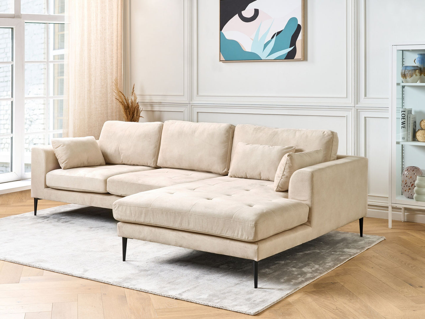 3-Sitzer Ecksofa Samtstoff creme linksseitig FLAM
