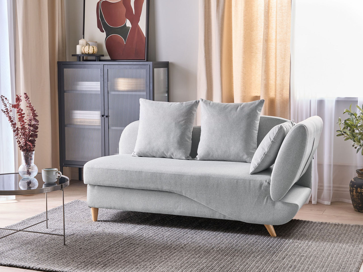 Chaiselongue Leinenoptik hellgrau mit Bettkasten rechtsseitig MERI II