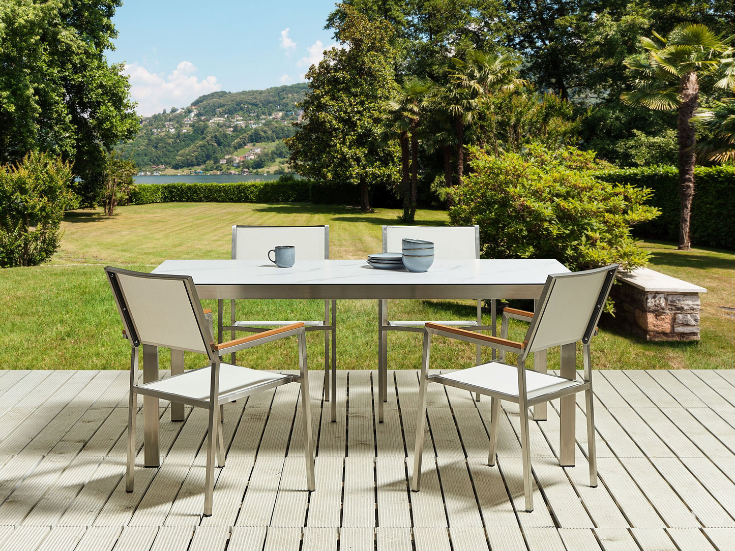 Gartenmöbel Set 4-Sitzer COSOLETO/GROSSETO Sicherheitsglas Marmor Optik Weisser Marmor