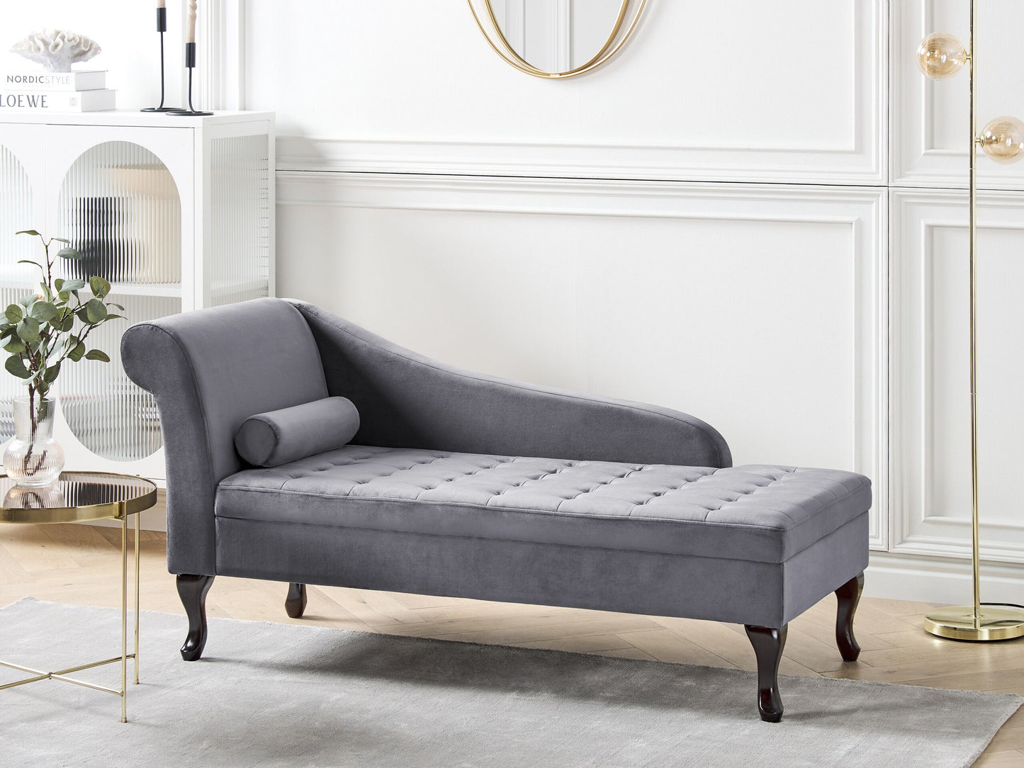 Chaiselongue Samtstoff dunkelgrau mit Bettkasten linksseitig PESSAC