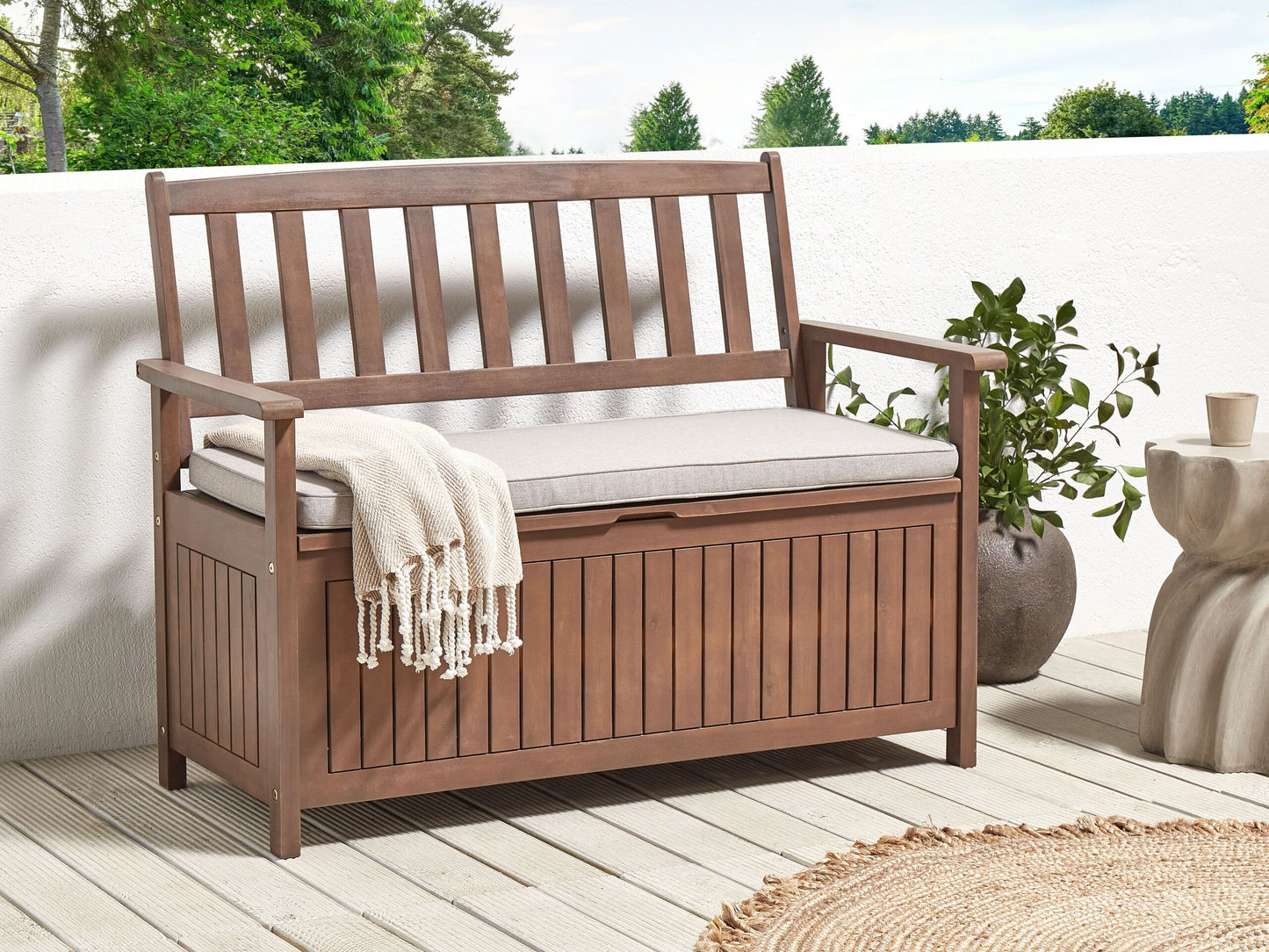 Gartenbank mit Auflage SOVANA 120 cm mit Stauraum Akazienholz Hellgrau